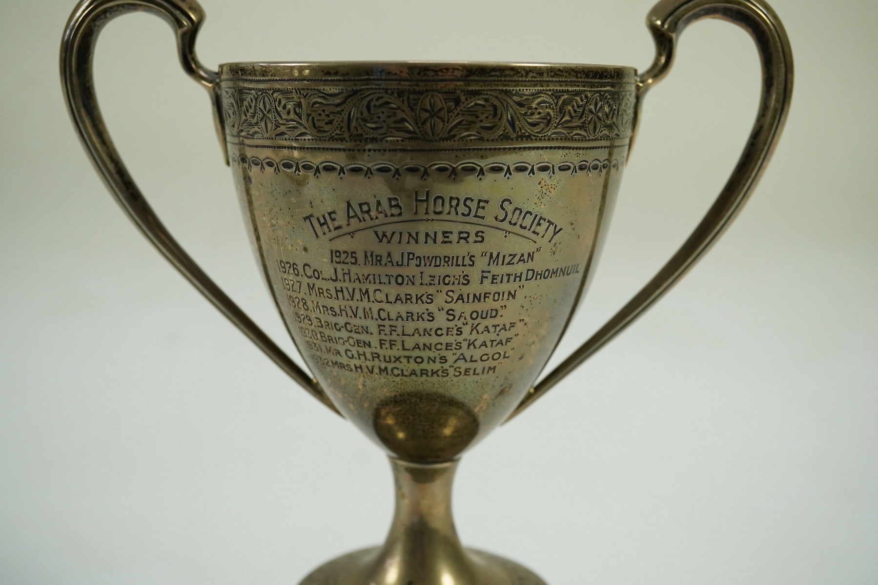 A George III? Irish silver two handled presentation trophy cup, with later engraved horse racing inscription relating to 'The Arab Horse Society Challenge Cup for the Best Stallion or Colt not exceeding 4 years old'